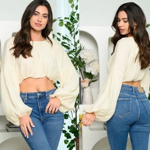 Emory Park Crop Top Long Puff Sleeve cropped blouse Ivory cream S New